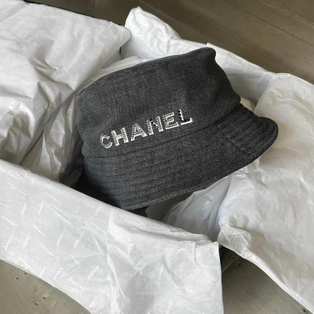 Chanel black denim sequin logo beach coco cap hat sz MEDIUM